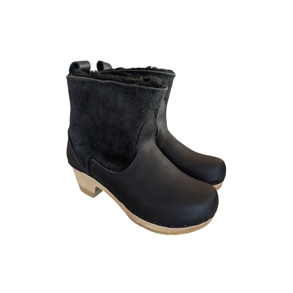 No.6 Store Pull on Shearling Clog Boot on Mid Heel in Black Suede US 36 / EU 36